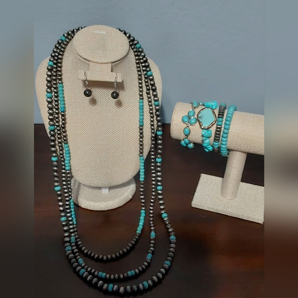 Turquoise and Grey Beaded Jewelry Set